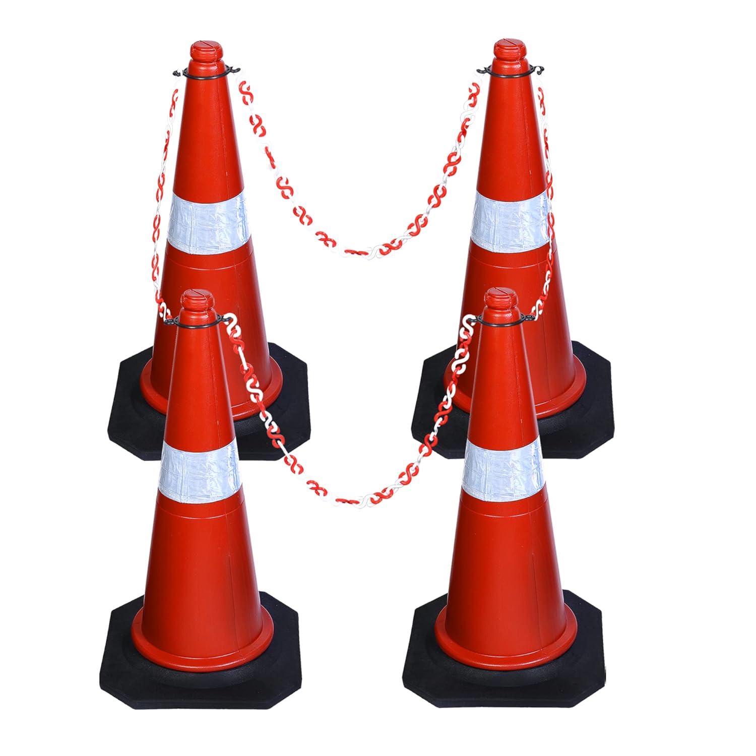 ABS INDUSTRY Traffic Safety Cones Set 4 PVC Cones with 4m S-Hook Safety Chain, 4 Hooks, Black Rubber Base, High Visibility Multipurpose Use